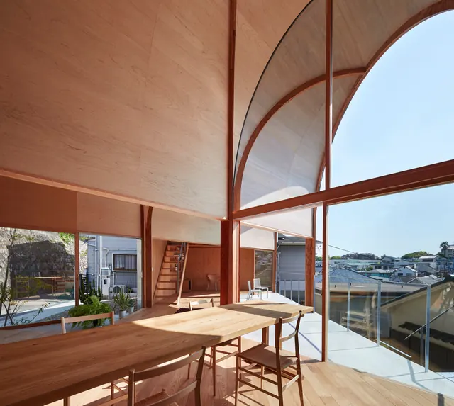 Timber-framed waterfront interior, photographic, minimal, warm