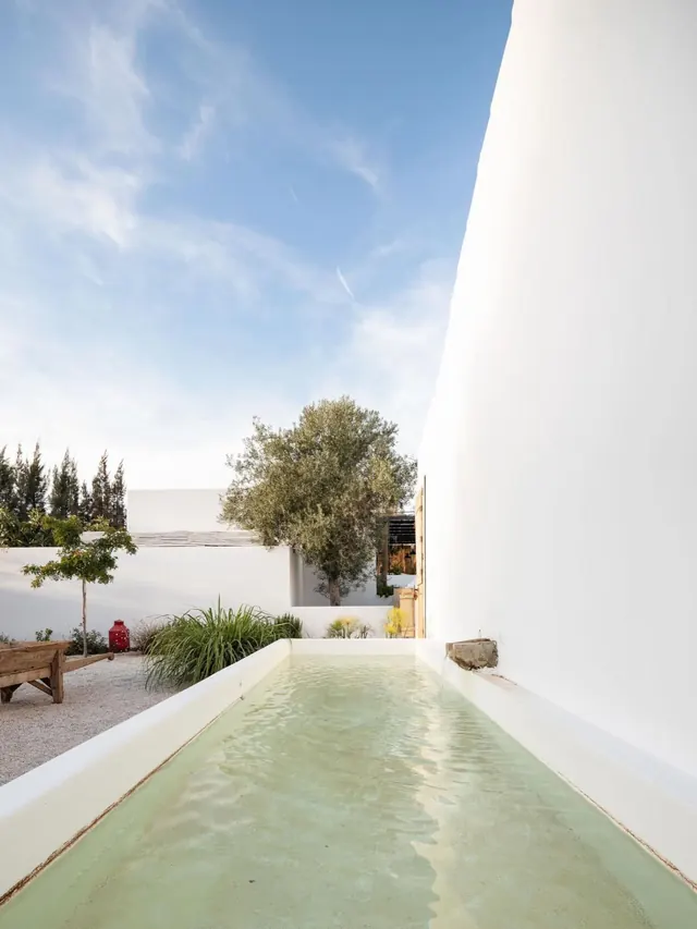 Modernist poolside architecture, photographic, minimal, light