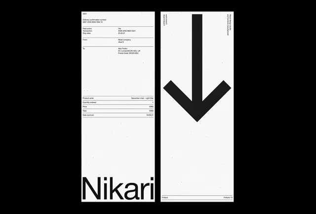 Nikari furniture invoice and brand system, minimal, swiss, monochrome