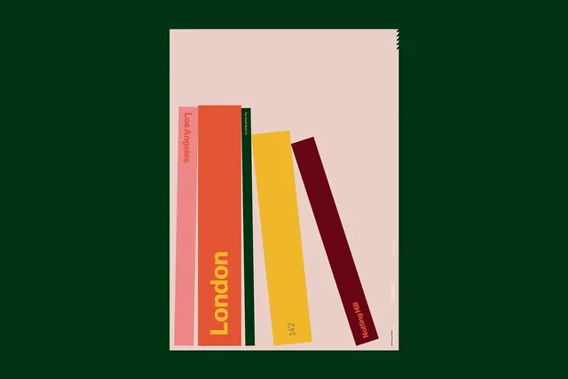 Colorful book spine poster design, geometric, editorial, vibrant
