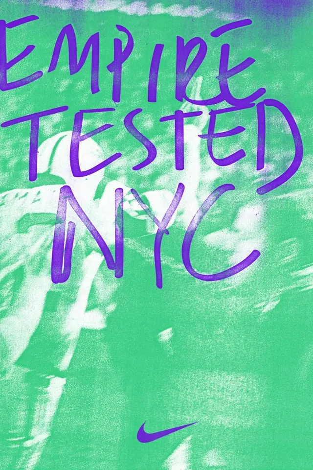 Duotone Nike poster with hand-lettered headline, retro, geometric, vibrant