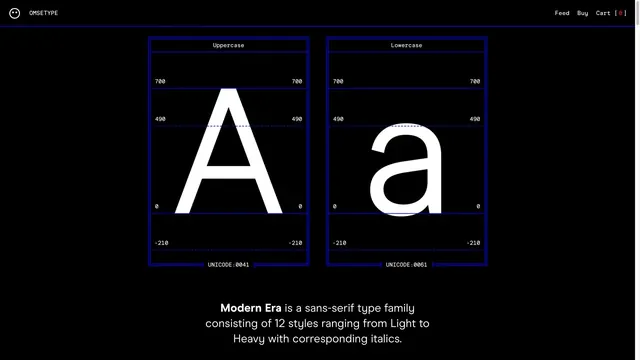 Owsetype Modern Era typeface specimen display, technical, minimal, monochrome
