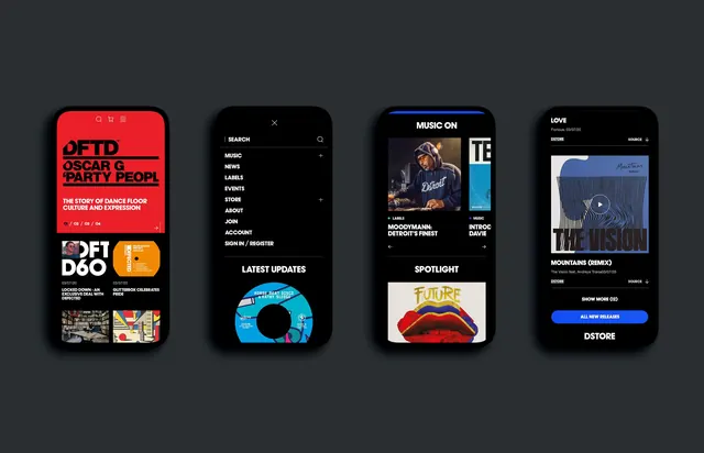 DFTD music label mobile app screens, dark-mode, minimal, dark
