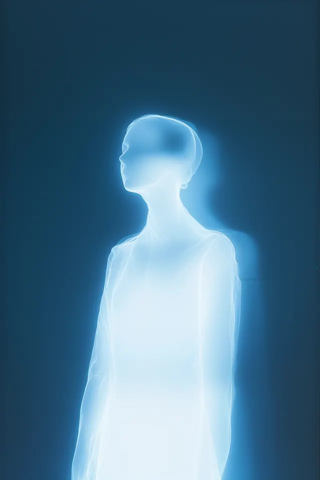 Glowing human figure silhouette with halo, 3d-render, gradient-heavy, cool