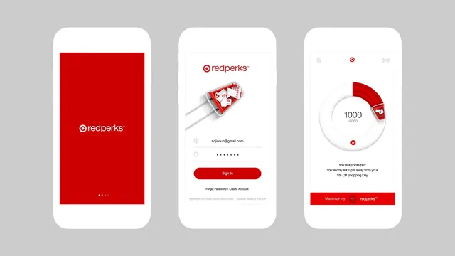 RedPerks Target loyalty app mockup, minimal, corporate-clean, monochrome