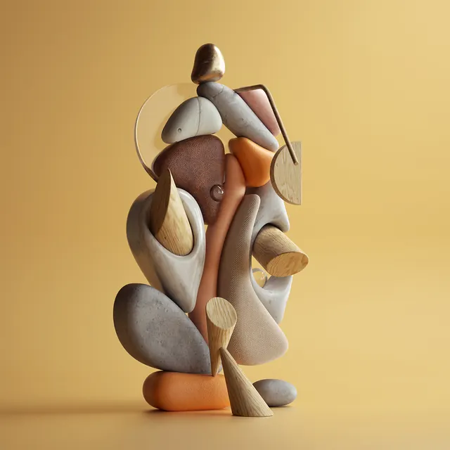 Exaggerated organic form sculpture, 3d-render, organic, warm