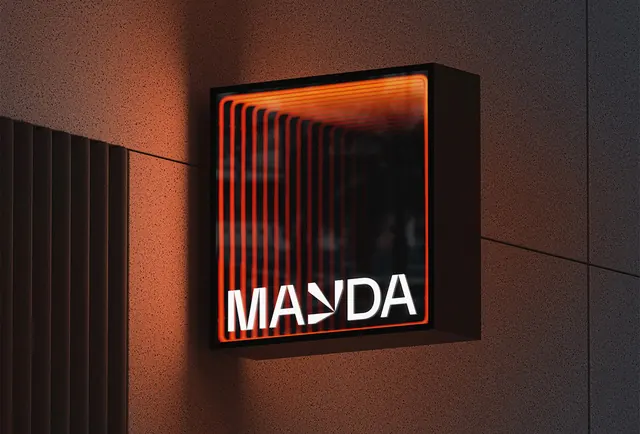 MAYDA neon signage installation, neo-brutalist, technical, dark