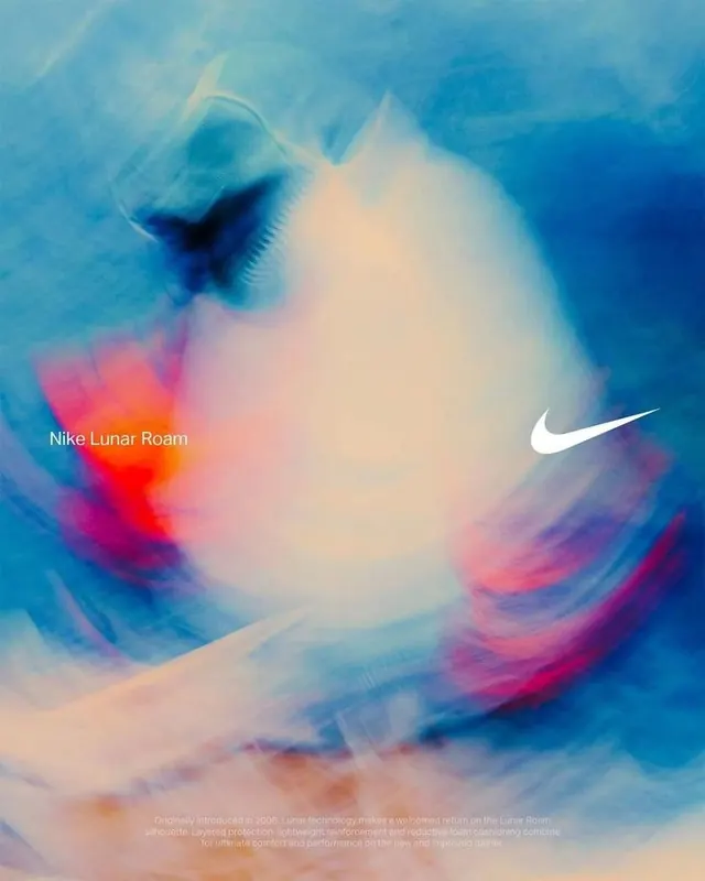 Nike Lunar Roam product visualization, gradient-heavy, 3d-render, vibrant