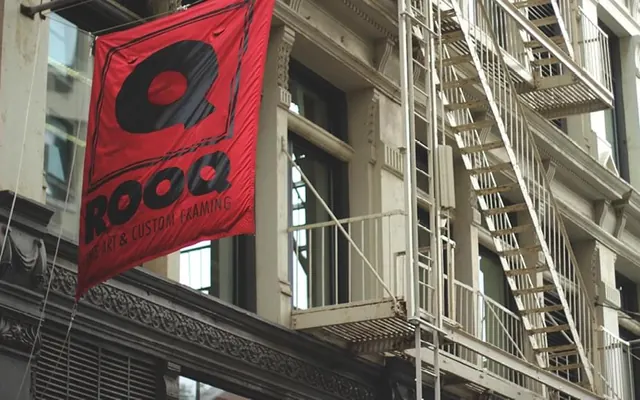 Red Banner Building Signage, minimal, corporate-clean, high-contrast