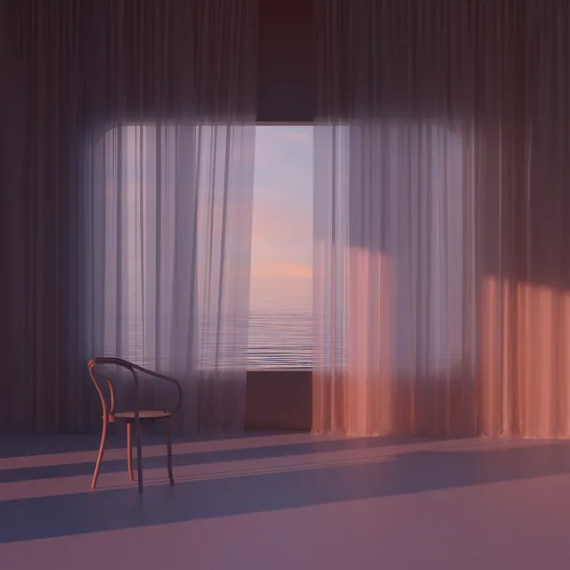 Serene minimalist interior with sheer curtains and sea view, minimal, light-mode, muted