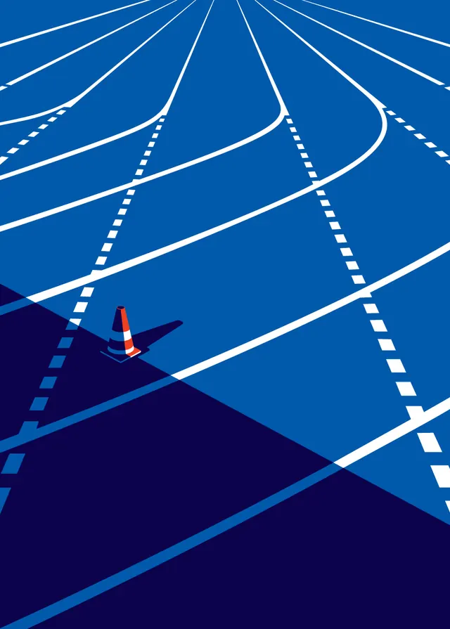 Blue road with traffic cone perspective graphic, minimal, geometric, dark