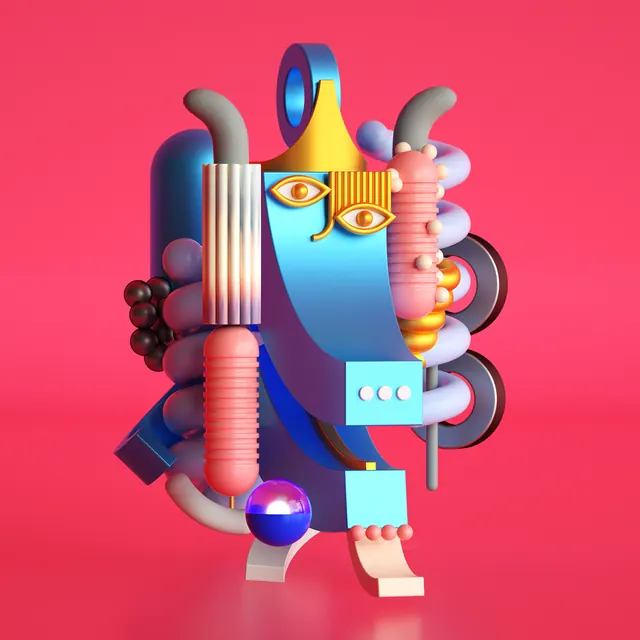 Vibrant abstract 3D sculpture with eyes and geometric forms, 3d-render, abstract, vibrant