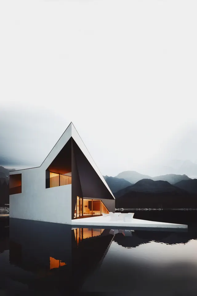 Minimalist geometric house on water at dusk, minimal, 3d-render, light