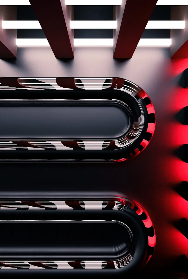 Glossy black 3D forms with red lighting, minimal, geometric, dark