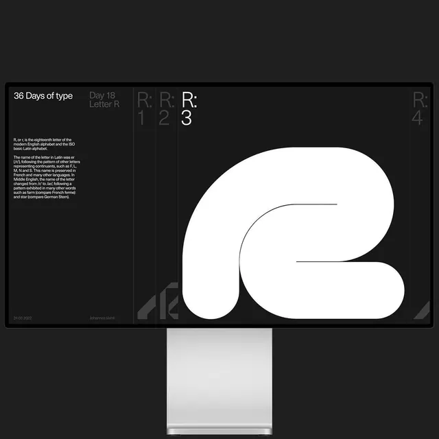 36 Days of Type letter R specimen, minimal, editorial, dark