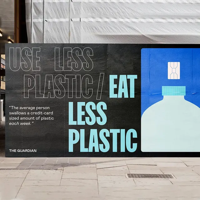 Eat Less Plastic Campaign Poster, minimal, flat, high-contrast