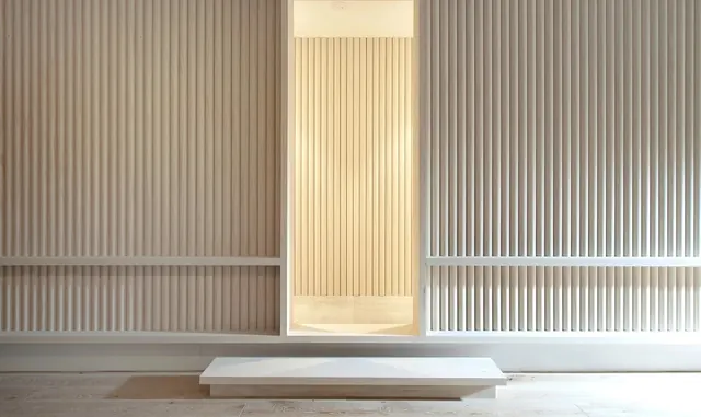 Architectural Interior with Fluted Wall Panels, minimal, luxury, warm