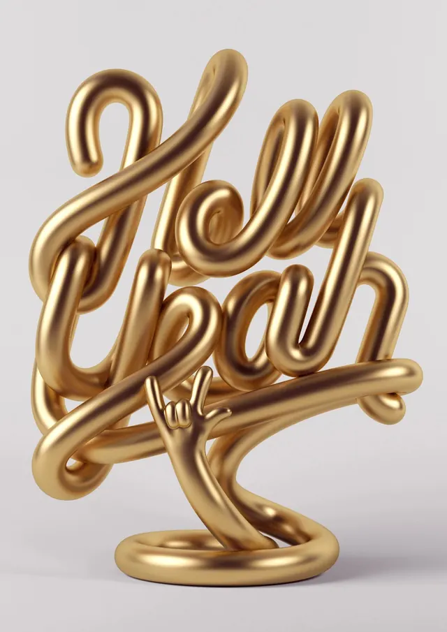 Golden I Love You 3D tube sculpture, 3d-render, light
