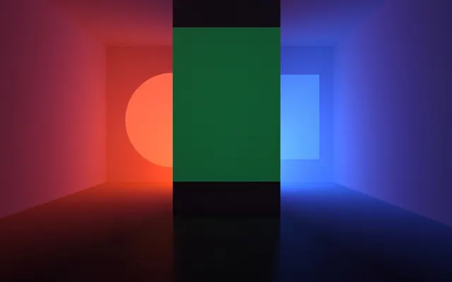 Geometric abstract interior with color-blocked pillar and glowing circle, minimal, geometric, vibrant