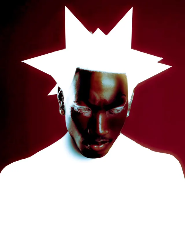 High-Contrast Portrait with Star Graphic, brutalist, minimal, dark