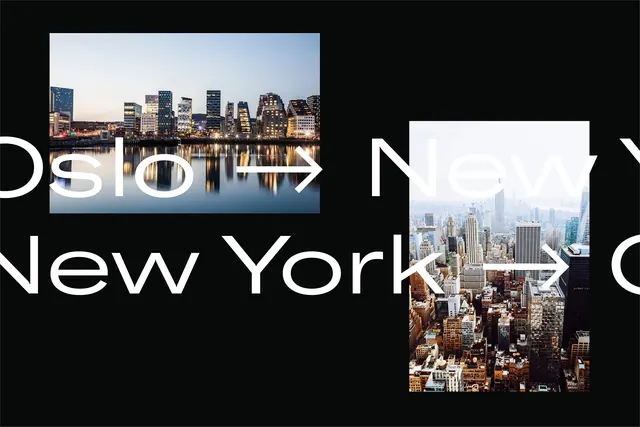 Oslo to New York cityscape graphic, editorial, minimal, dark