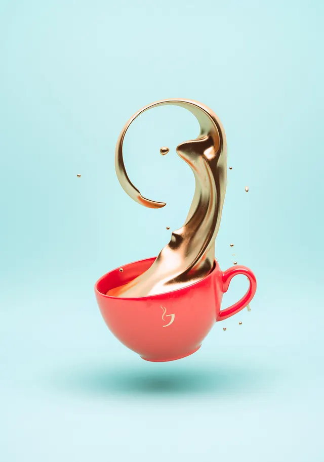 3D rendered number 9 pouring from coral cup, 3d-render, playful, light
