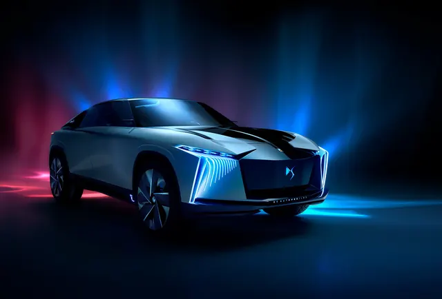 Electric vehicle concept car with neon accent lighting, dark-mode, gradient-heavy, dark