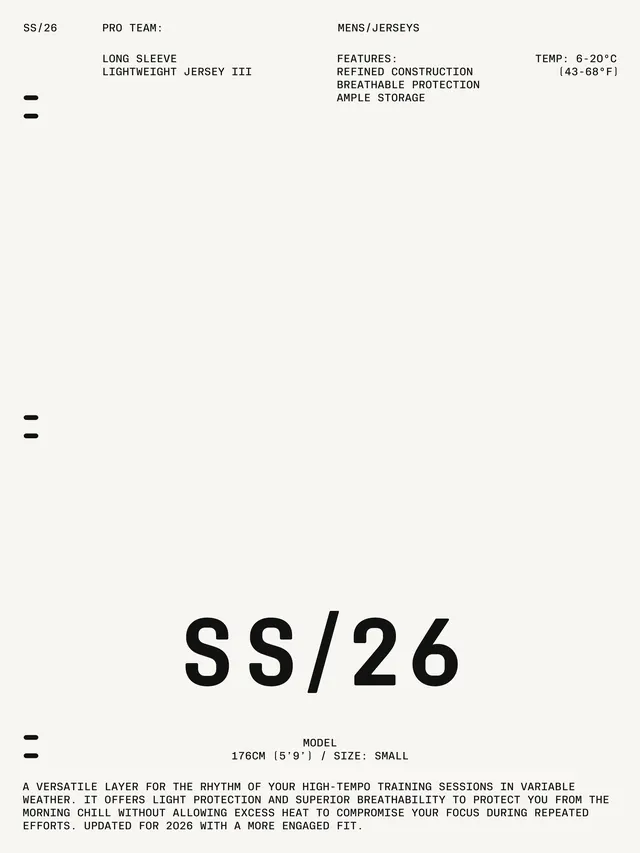 Technical product specification sheet for SS/26 jersey, minimal, technical, light