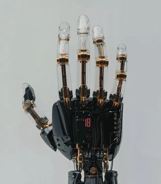 Robotic hand with clear cylindrical finger modules, 3d-render, technical, dark