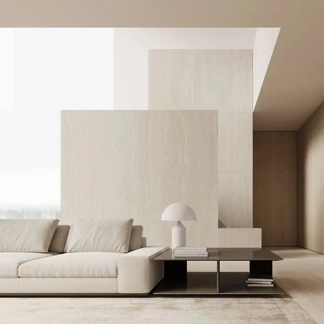 Minimalist interior with geometric architecture and cream furnishings, minimal, corporate-clean, light