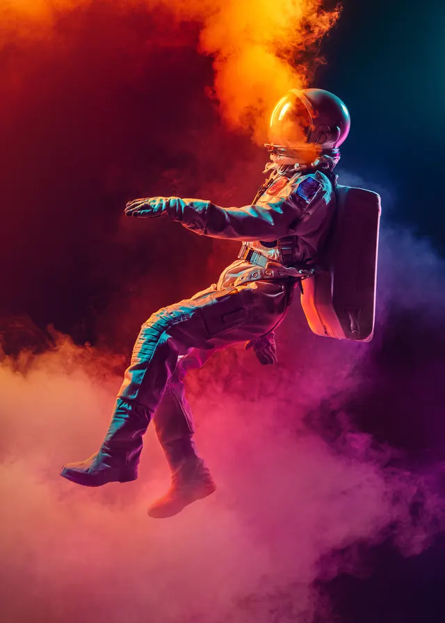 Colorful astronaut figure in cosmic smoke, 3d-render, gradient-heavy, vibrant