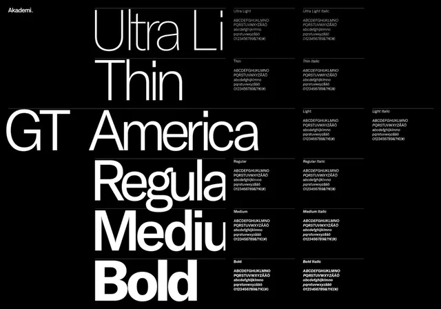 GT America typeface specimen, minimal, technical, monochrome