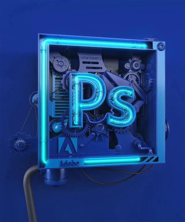 PS neon sign with mechanical gears, 3d-render, neon, dark