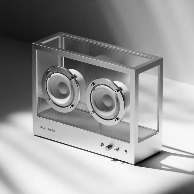 Transparent speaker product showcase mockup, minimal, photographic, light