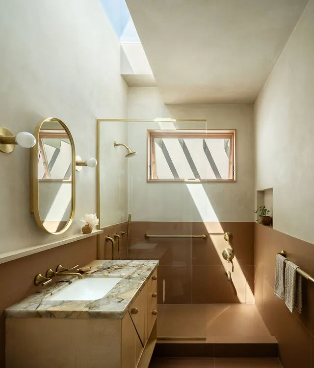 Minimalist bathroom interior with natural skylight, minimalist, photographic, light