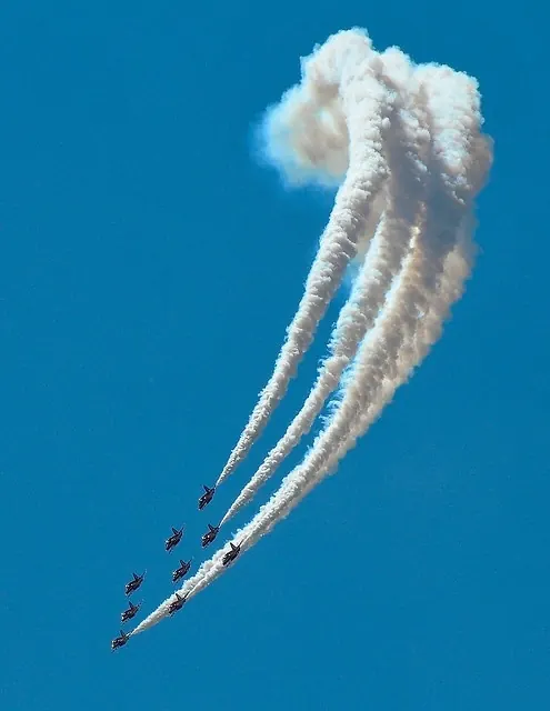 Jets performing aerial aerobatics photograph, photographic, technical, dark