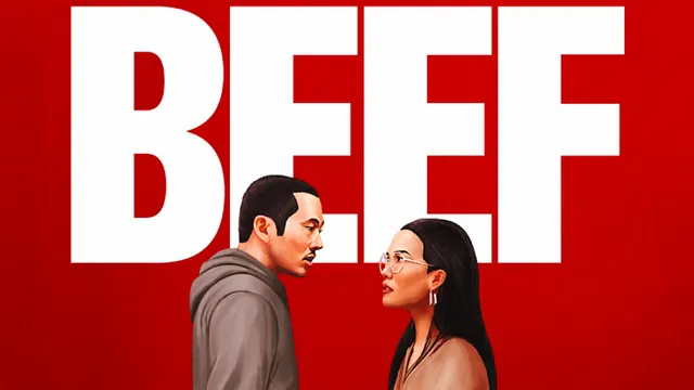 Beef miniseries title card typography, editorial, bold, vibrant