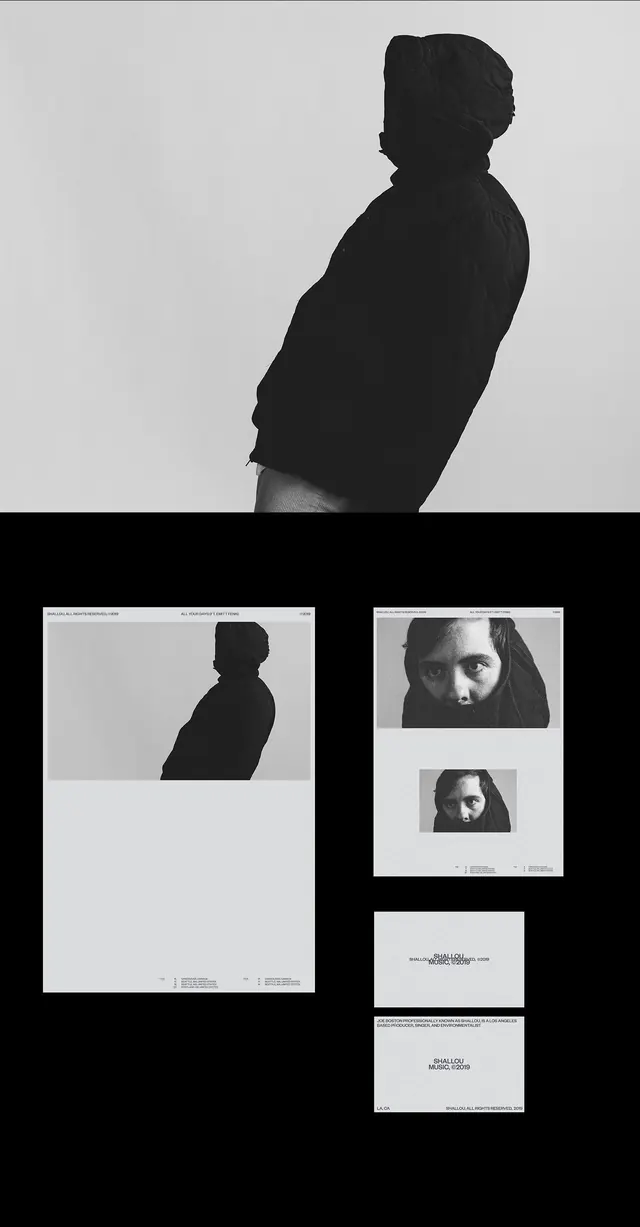 Shallou album artwork layout pages, monochrome, editorial, monochrome