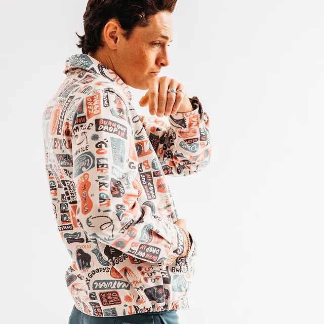 Deus Customs colorful jacket product shot, photographic, playful, vibrant