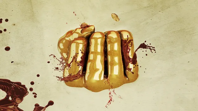 Golden 3D rendered fist with liquid splash effect, 3d-render, playful, vibrant