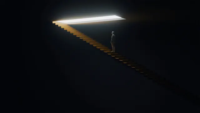 Atmospheric 3D render—figure on golden staircase with dramatic lighting, 3d-render, dramatic, dark