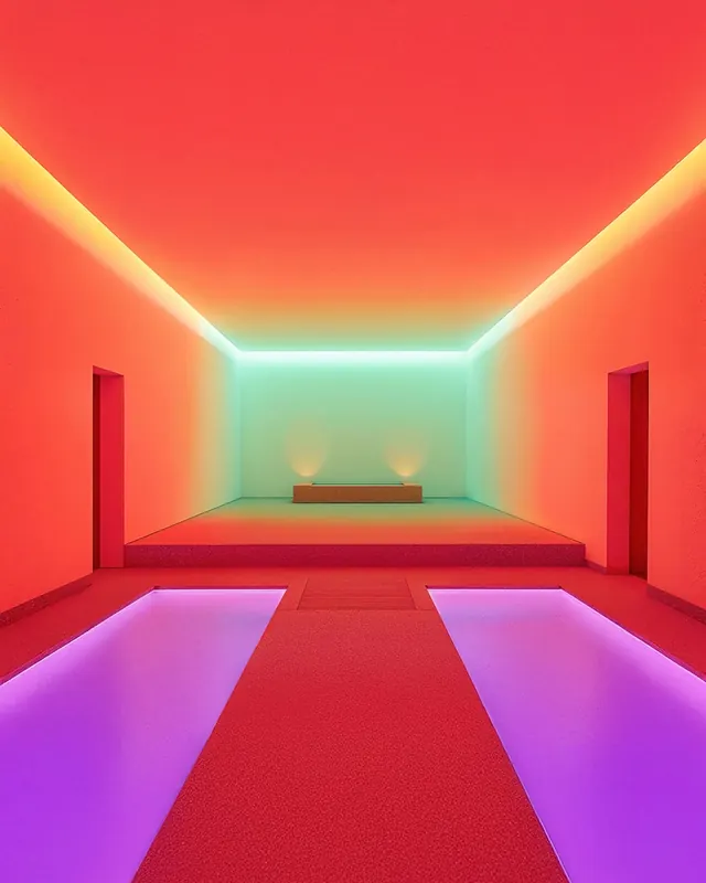 Neon architectural 3D rendering—vibrant gradient interior hallway, 3d-render, gradient-heavy, vibrant