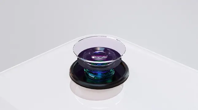 3D product render of layered glass and iridescent fluid object, 3d-render, minimal, light