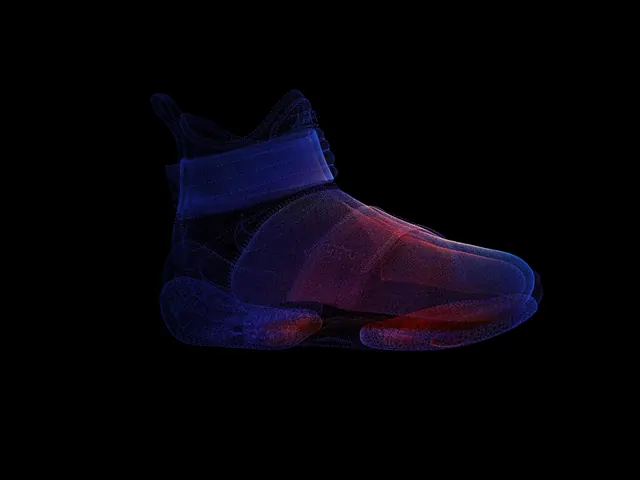Blue-to-red gradient athletic sneaker 3D render, 3d-render, gradient-heavy, dark
