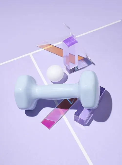 Abstract 3D geometric composition with dumbbell and shapes, 3d-render, minimal, pastel