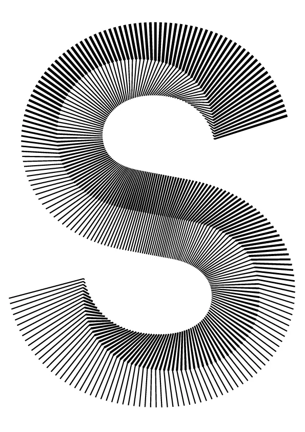 Dimensional Line-Art Letter Form with Radiating Pattern, line-art, geometric, monochrome