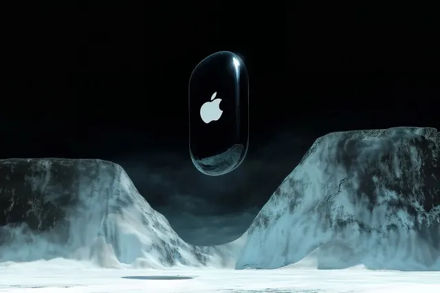Glossy device suspended in icy landscape, 3d-render, technical, cool