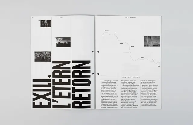 Black and white editorial book spread with photography and map, editorial, minimal, monochrome