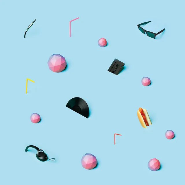 Colorful flat lay 3D objects on blue, 3d-render, playful, vibrant