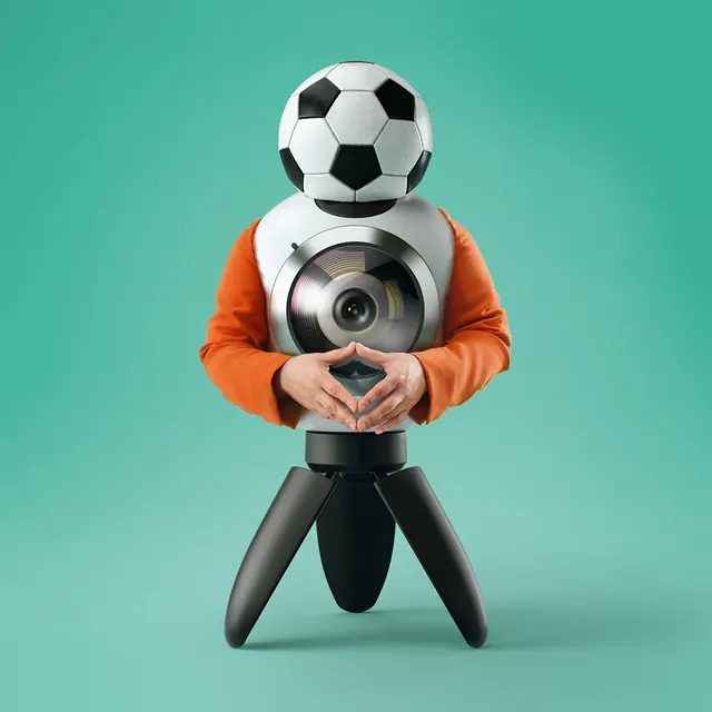 3D rendered creative concept figure with camera lens and sports ball head, 3d-render, playful, vibrant